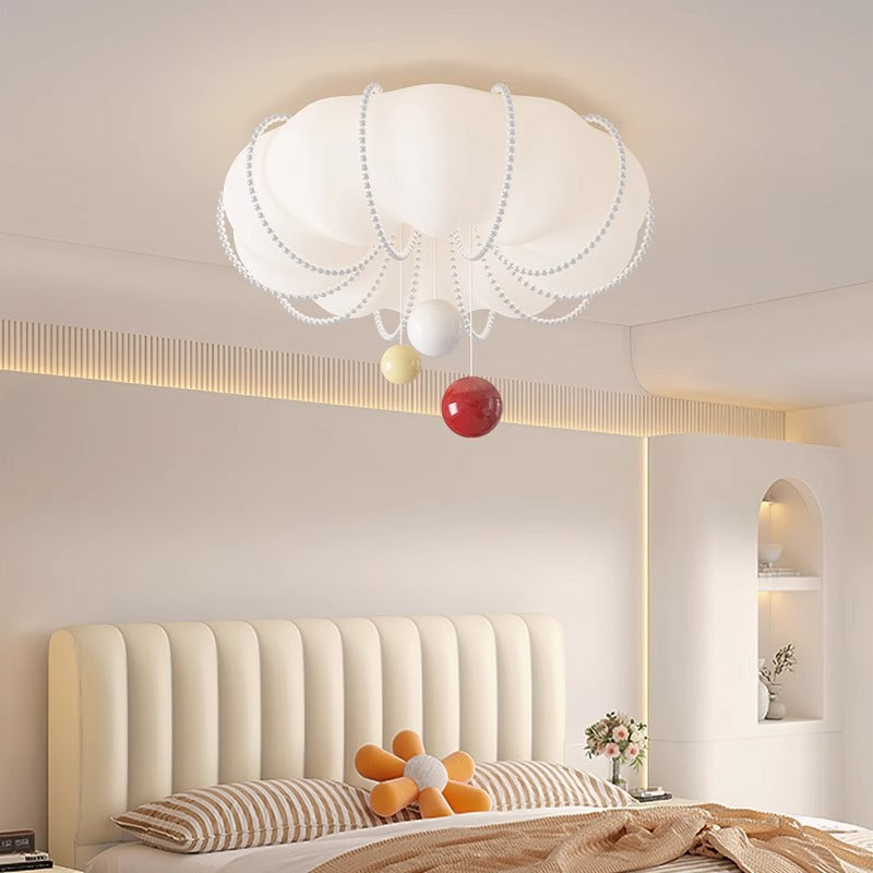 Contemporary Nordic Cream Pumpkin PE Shade Iron Ball LED Flush Mount Ceiling Light For Bedroom