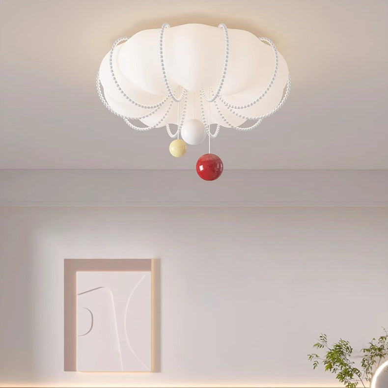 Contemporary Nordic Cream Pumpkin PE Shade Iron Ball LED Flush Mount Ceiling Light For Bedroom