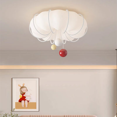 Contemporary Nordic Cream Pumpkin PE Shade Iron Ball LED Flush Mount Ceiling Light For Bedroom