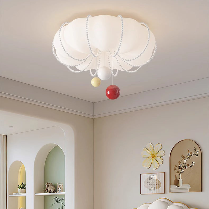 Contemporary Nordic Cream Pumpkin PE Shade Iron Ball LED Flush Mount Ceiling Light For Bedroom