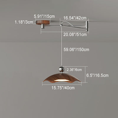 Zeitgenössische nordische Eisen-Imitation Holzmaserung runde LED-Schwenkarm-Pendelleuchte für Wohnzimmer 