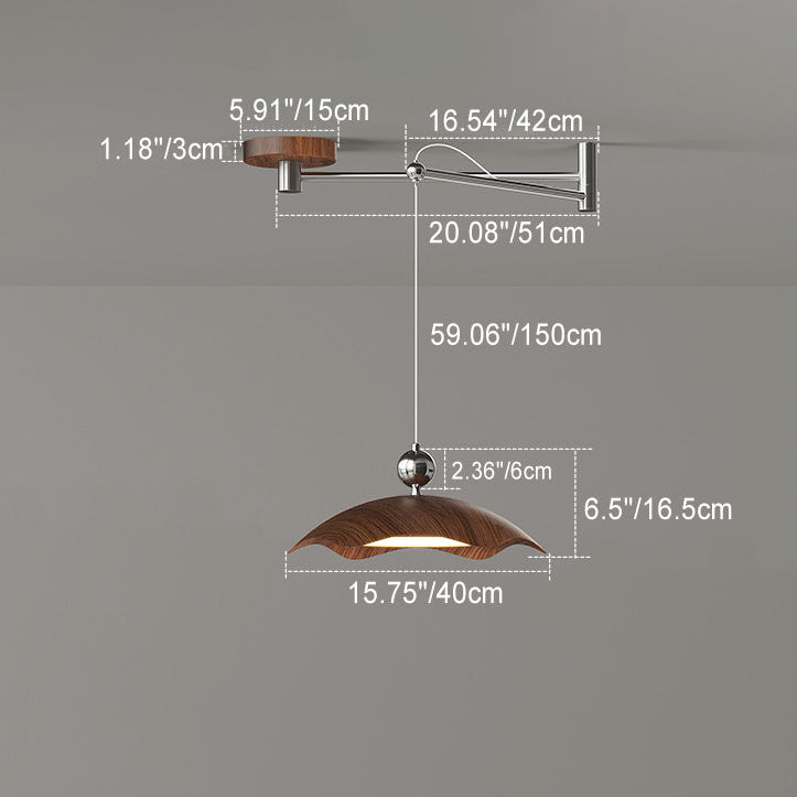 Zeitgenössische nordische Eisen-Imitation Holzmaserung runde LED-Schwenkarm-Pendelleuchte für Wohnzimmer 