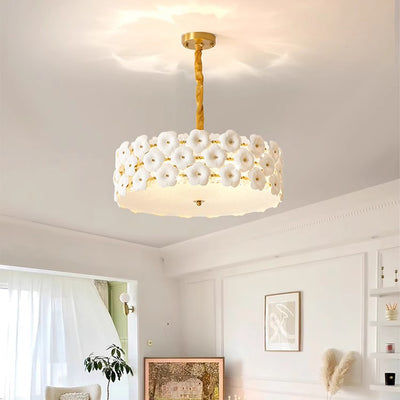 Traditional French Petal Ceramic Glass Cylinder 6-Light Chandelier For Living Room