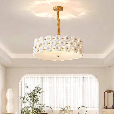 Traditional French Petal Ceramic Glass Cylinder 6-Light Chandelier For Living Room