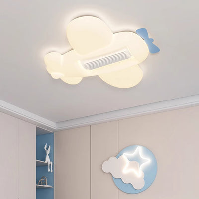 Contemporary Creative Cartoon Airplane Cloud PE Shade LED Kids Flush Mount Ceiling Invisible Bladeless Fan Light For Bedroom