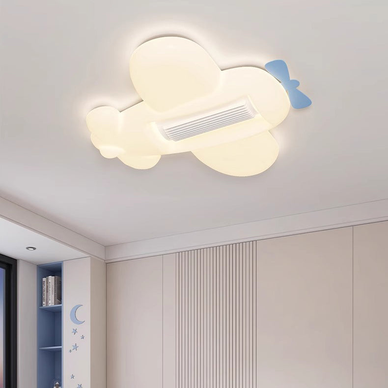 Contemporary Creative Cartoon Airplane Cloud PE Shade LED Kids Flush Mount Ceiling Invisible Bladeless Fan Light For Bedroom