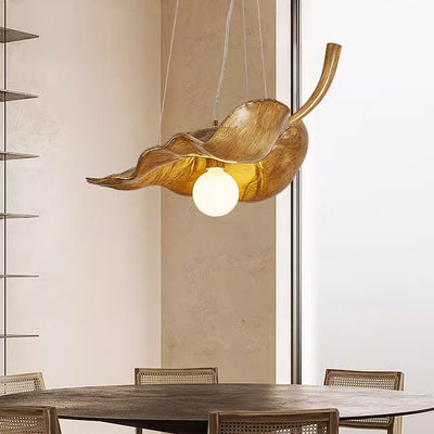 Contemporary Creative Fiberglass Leaf Texture Design 1-Light Pendant Light For Living Room