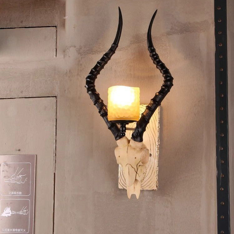 Contemporary Creative Resin Animal Antlers Glass Cylinder Shade 1-Light Wall Sconce Lamp For Living Room