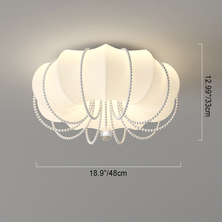 Contemporary Nordic Iron PE Pumpkin Shade Pearl Decoration LED Flush Mount Ceiling Light For Bedroom