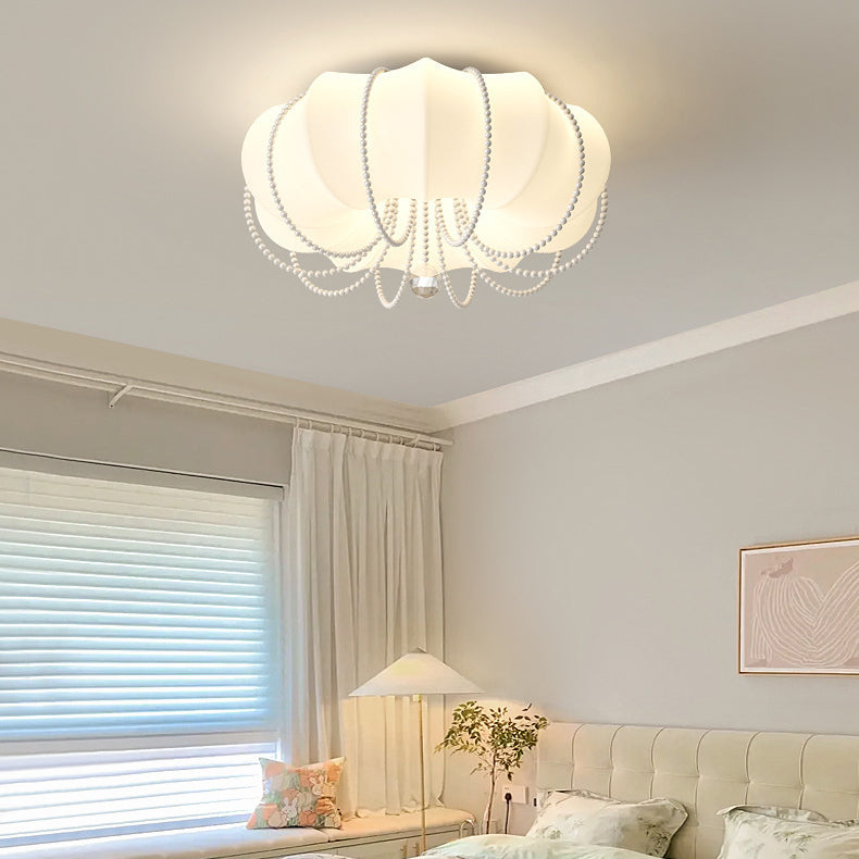 Contemporary Nordic Iron PE Pumpkin Shade Pearl Decoration LED Flush Mount Ceiling Light For Bedroom