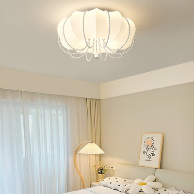 Contemporary Nordic Iron PE Pumpkin Shade Pearl Decoration LED Flush Mount Ceiling Light For Bedroom