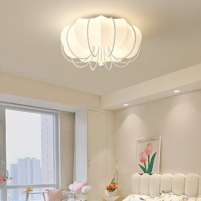 Contemporary Nordic Iron PE Pumpkin Shade Pearl Decoration LED Flush Mount Ceiling Light For Bedroom