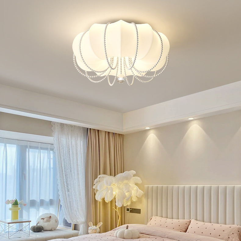 Contemporary Nordic Iron PE Pumpkin Shade Pearl Decoration LED Flush Mount Ceiling Light For Bedroom