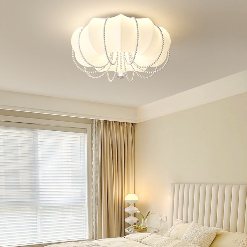 Contemporary Nordic Iron PE Pumpkin Shade Pearl Decoration LED Flush Mount Ceiling Light For Bedroom