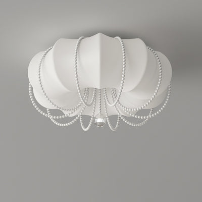 Contemporary Nordic Iron PE Pumpkin Shade Pearl Decoration LED Flush Mount Ceiling Light For Bedroom