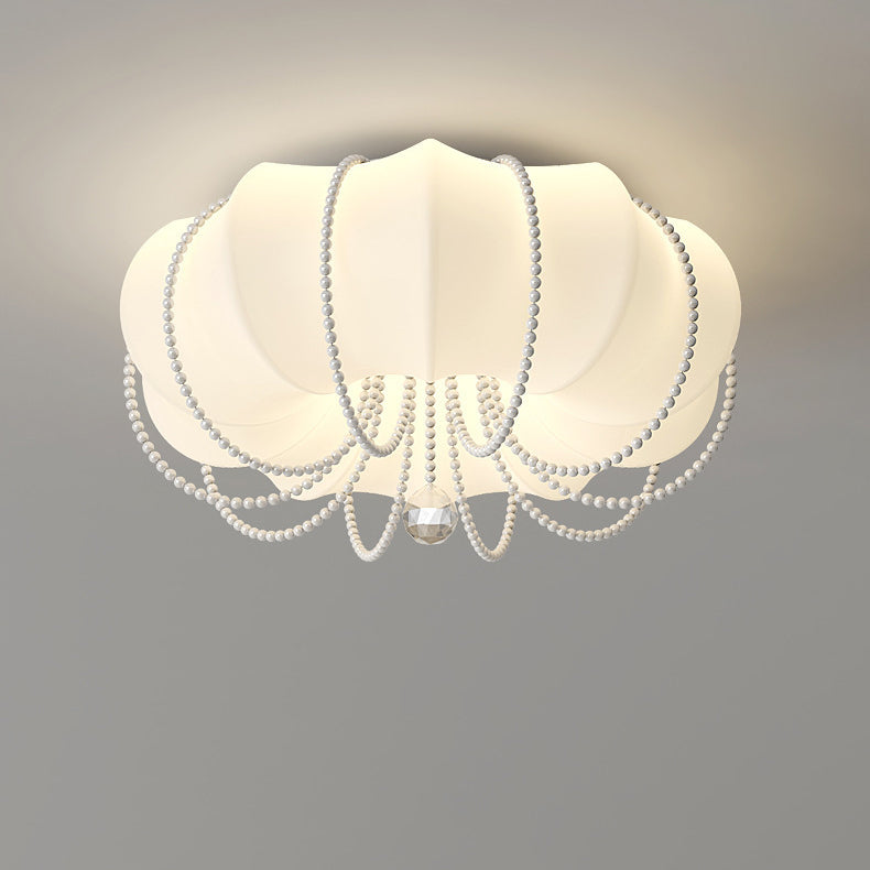 Contemporary Nordic Iron PE Pumpkin Shade Pearl Decoration LED Flush Mount Ceiling Light For Bedroom