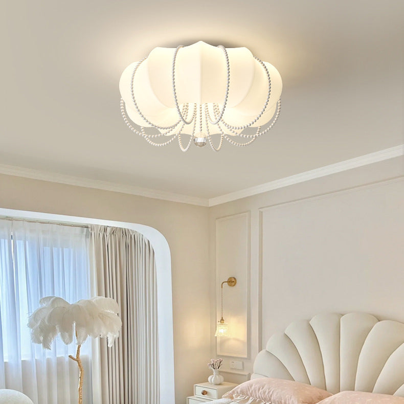 Contemporary Nordic Iron PE Pumpkin Shade Pearl Decoration LED Flush Mount Ceiling Light For Bedroom