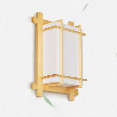 Traditional Japanese Rectangular Solid Wood Frame Faux Parchment Shade 2-Light Wall Sconce Lamp For Bedroom