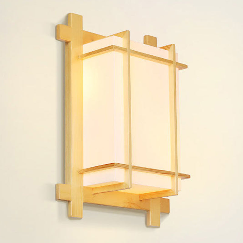 Traditional Japanese Rectangular Solid Wood Frame Faux Parchment Shade 2-Light Wall Sconce Lamp For Bedroom