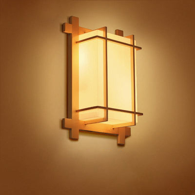 Traditional Japanese Rectangular Solid Wood Frame Faux Parchment Shade 2-Light Wall Sconce Lamp For Bedroom