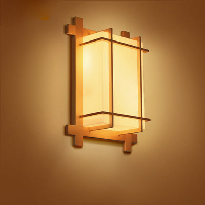 Traditional Japanese Rectangular Solid Wood Frame Faux Parchment Shade 2-Light Wall Sconce Lamp For Bedroom