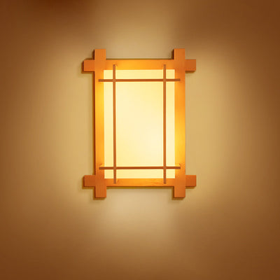 Traditional Japanese Rectangular Solid Wood Frame Faux Parchment Shade 2-Light Wall Sconce Lamp For Bedroom