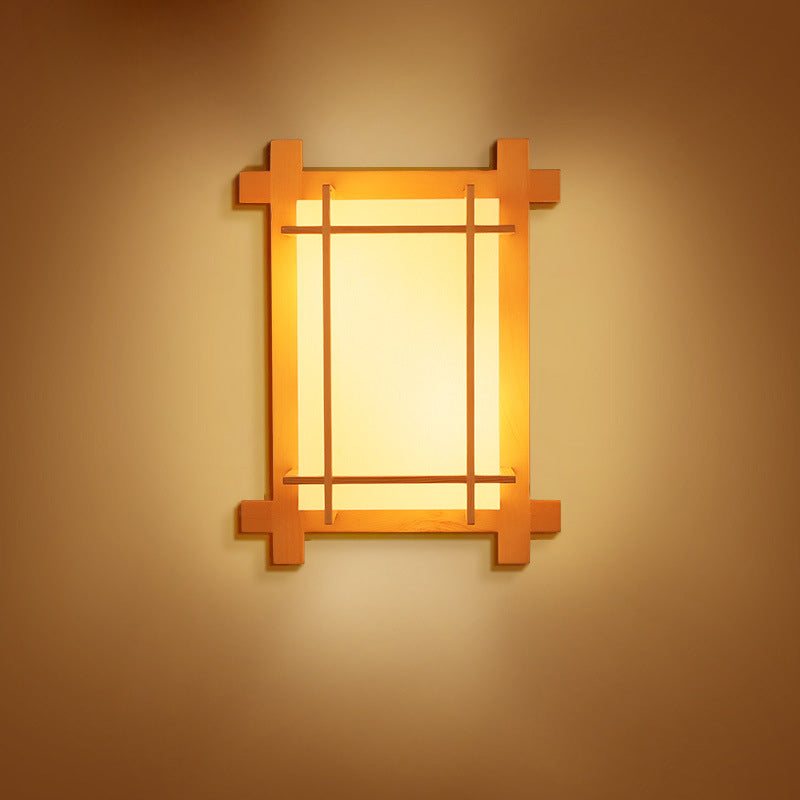 Traditional Japanese Rectangular Solid Wood Frame Faux Parchment Shade 2-Light Wall Sconce Lamp For Bedroom