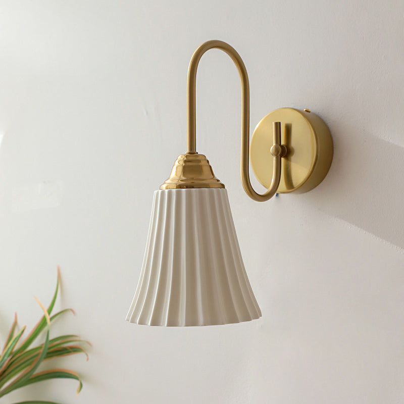 Traditional French Antique Brass Gooseneck Ceramic Pleated Shade 1-Light Wall Sconce Lamp For Bedroom