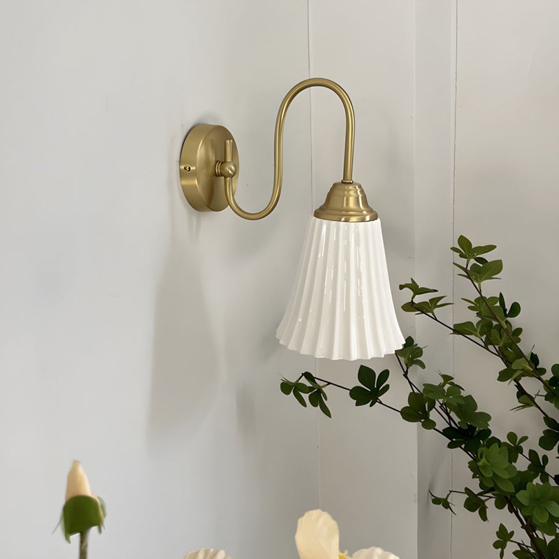 Traditional French Antique Brass Gooseneck Ceramic Pleated Shade 1-Light Wall Sconce Lamp For Bedroom