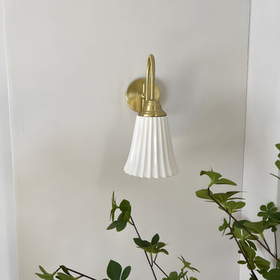 Traditional French Antique Brass Gooseneck Ceramic Pleated Shade 1-Light Wall Sconce Lamp For Bedroom