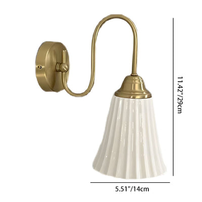 Traditional French Antique Brass Gooseneck Ceramic Pleated Shade 1-Light Wall Sconce Lamp For Bedroom