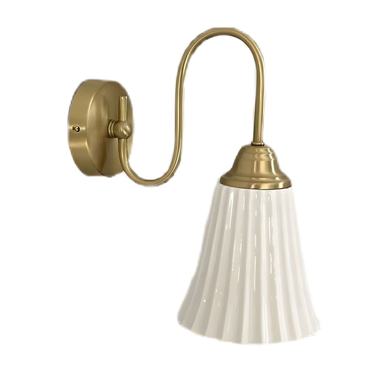 Traditional French Antique Brass Gooseneck Ceramic Pleated Shade 1-Light Wall Sconce Lamp For Bedroom