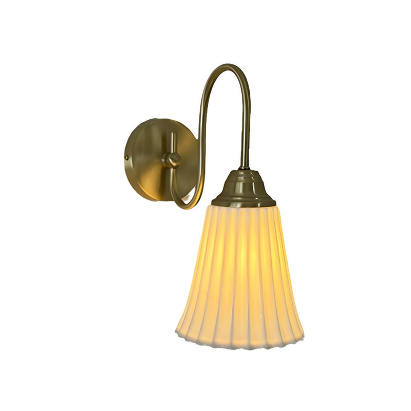 Traditional French Antique Brass Gooseneck Ceramic Pleated Shade 1-Light Wall Sconce Lamp For Bedroom