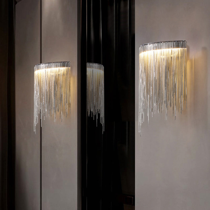 Contemporary Luxury Stainless Steel Aluminum Tassel Chain Arc LED Wall Sconce Lamp For Living Room