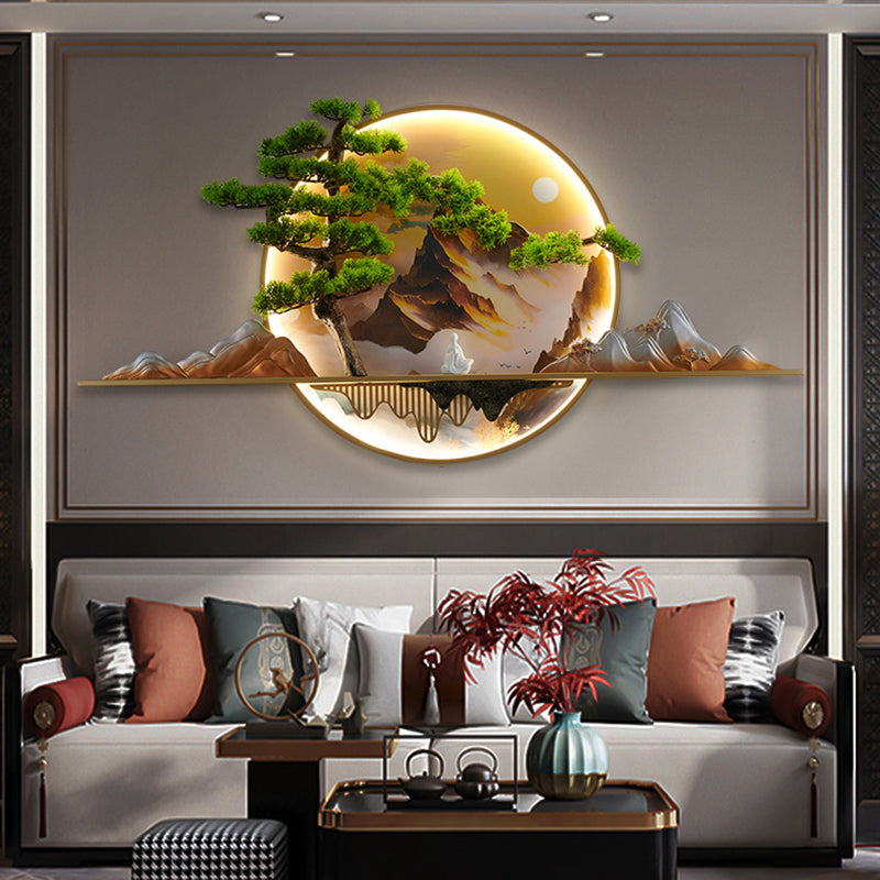 Contemporary Chinese Zen Pine Landscape Painting Aluminum Resin Round LED Wall Sconce Lamp For Living Room