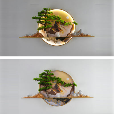 Contemporary Chinese Zen Pine Landscape Painting Aluminum Resin Round LED Wall Sconce Lamp For Living Room