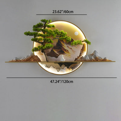 Contemporary Chinese Zen Pine Landscape Painting Aluminum Resin Round LED Wall Sconce Lamp For Living Room