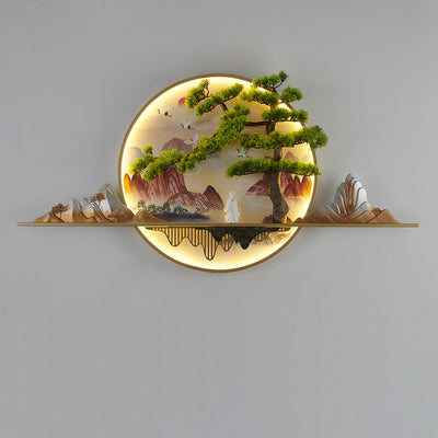 Contemporary Chinese Zen Pine Landscape Painting Aluminum Resin Round LED Wall Sconce Lamp For Living Room