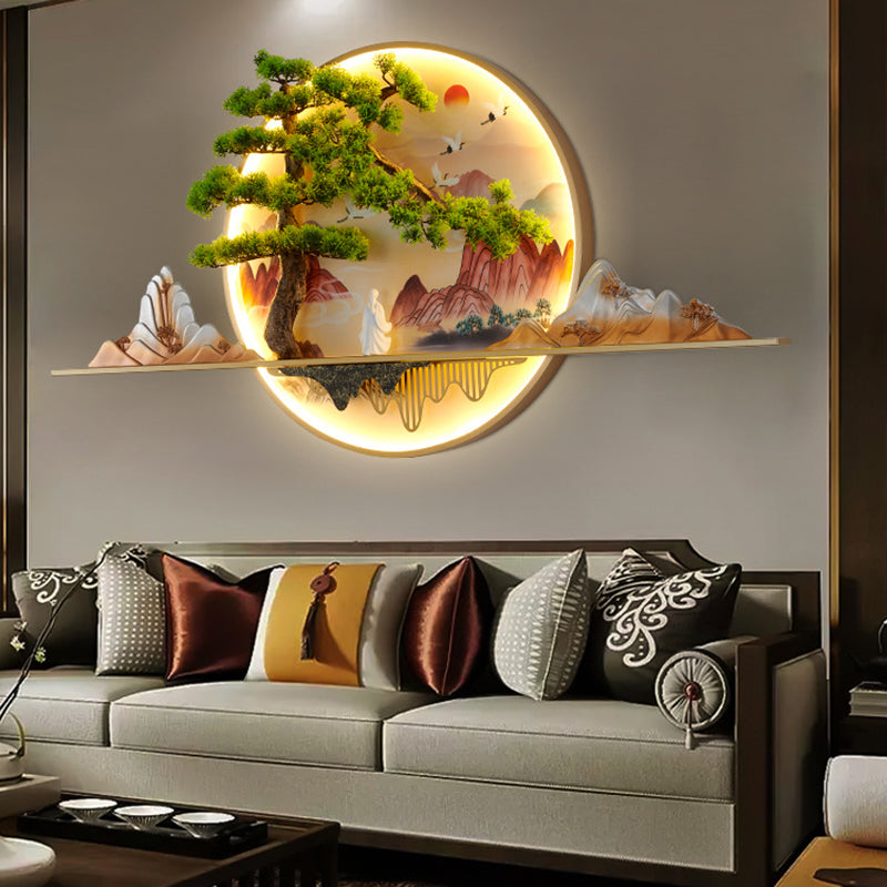 Contemporary Chinese Zen Pine Landscape Painting Aluminum Resin Round LED Wall Sconce Lamp For Living Room