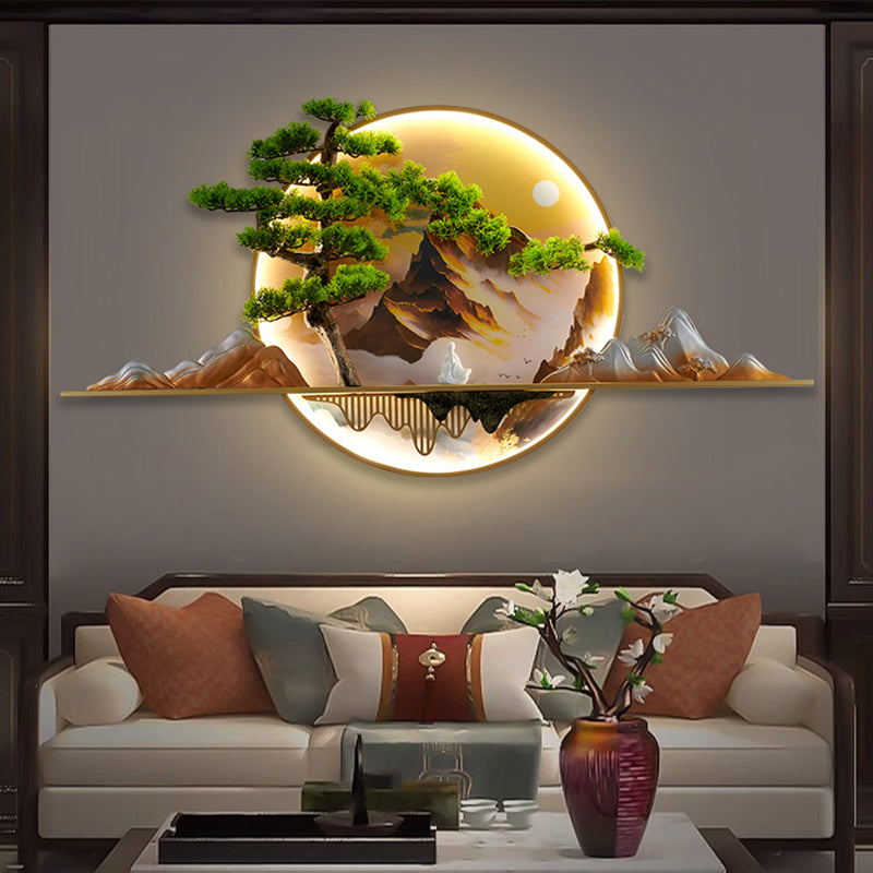 Contemporary Chinese Zen Pine Landscape Painting Aluminum Resin Round LED Wall Sconce Lamp For Living Room