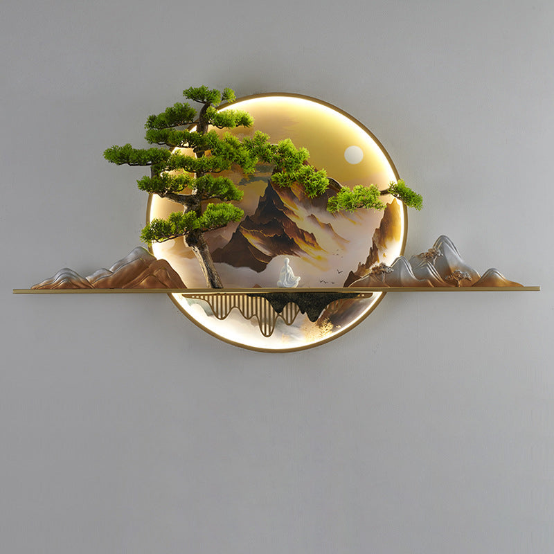 Contemporary Chinese Zen Pine Landscape Painting Aluminum Resin Round LED Wall Sconce Lamp For Living Room