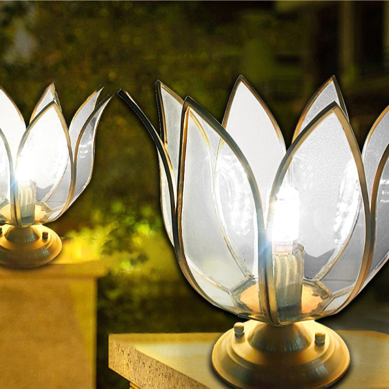 Contemporary Creative Lotus Glass Shade Copper Base 1-Light Outdoor Post Light For Garden