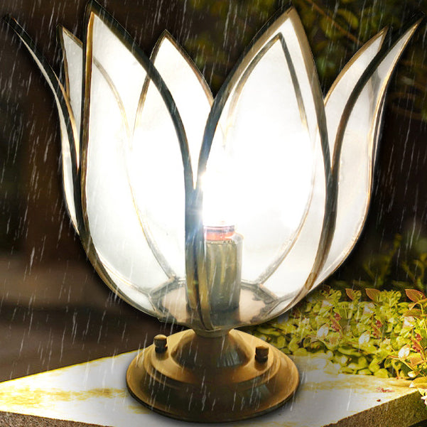 Contemporary Creative Lotus Glass Shade Copper Base 1-Light Outdoor Post Light For Garden