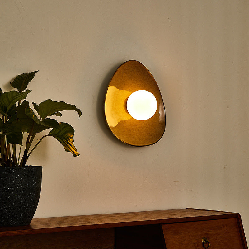 Traditional Japanese Pebble Disc Ceramic 1-Light Wall Sconce Lamp For Living Room