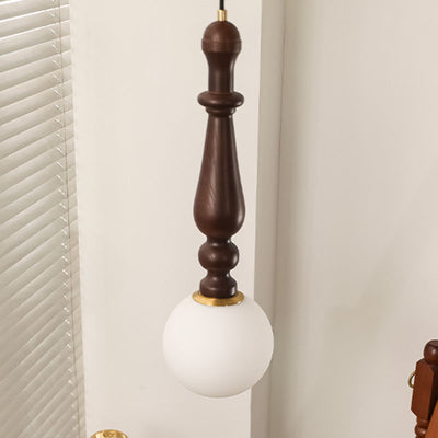 Traditional French Ash Wood Rod Glass Ball Shade 1-Light Pendant Light For Bedroom