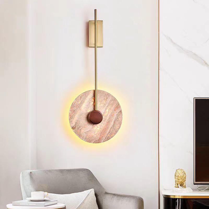 Traditional Japanese Geometric Circle Yellow Travertine Iron LED Wall Sconce Lamp For Bedroom