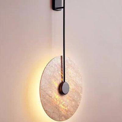 Traditional Japanese Geometric Circle Yellow Travertine Iron LED Wall Sconce Lamp For Bedroom