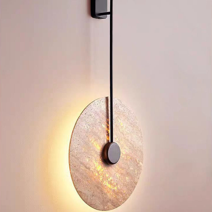 Traditional Japanese Geometric Circle Yellow Travertine Iron LED Wall Sconce Lamp For Bedroom