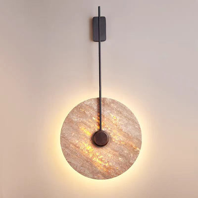 Traditional Japanese Geometric Circle Yellow Travertine Iron LED Wall Sconce Lamp For Bedroom