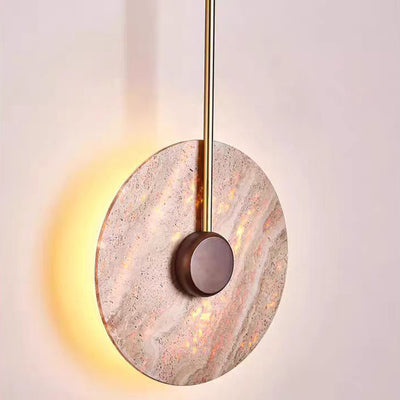 Traditional Japanese Geometric Circle Yellow Travertine Iron LED Wall Sconce Lamp For Bedroom